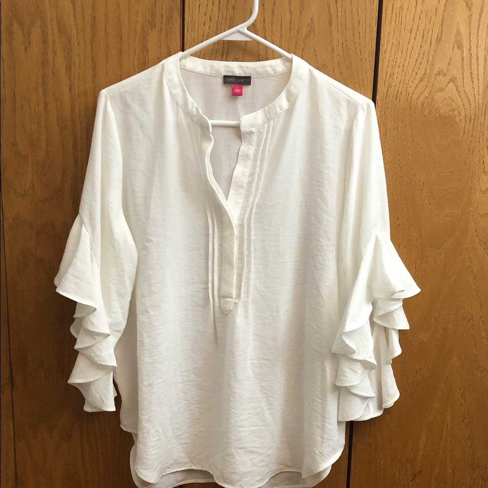 Vince Camuto White Ruffle Sleeve Split-Neck Blouse Size Large